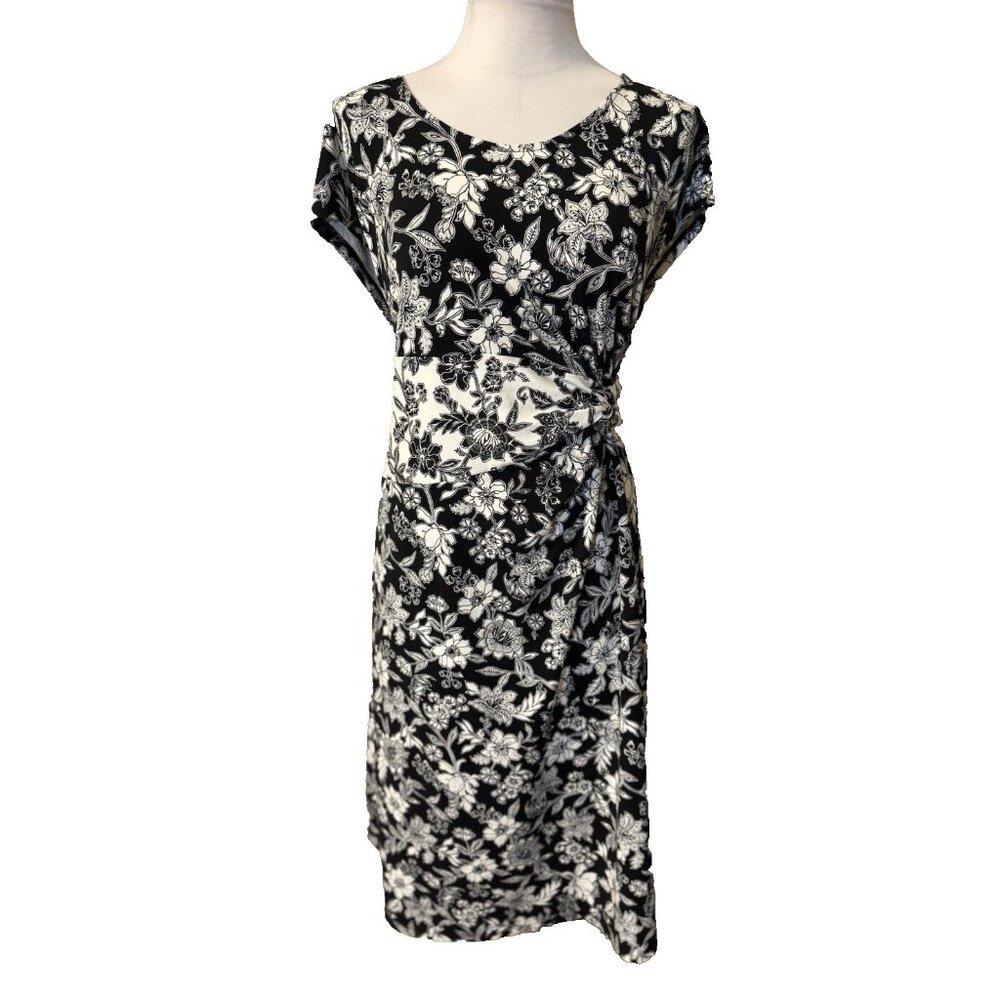 Lands End Dress XL Black Ivory Cap Sleeve Stretch Cotton Floral Washable NEW - Picture 2 of 14